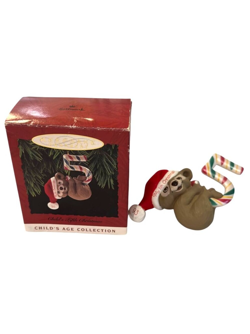 1993 Hallmark Child's Fifth Christmas Ornament Teddy Bear Candy Cane QX522-2